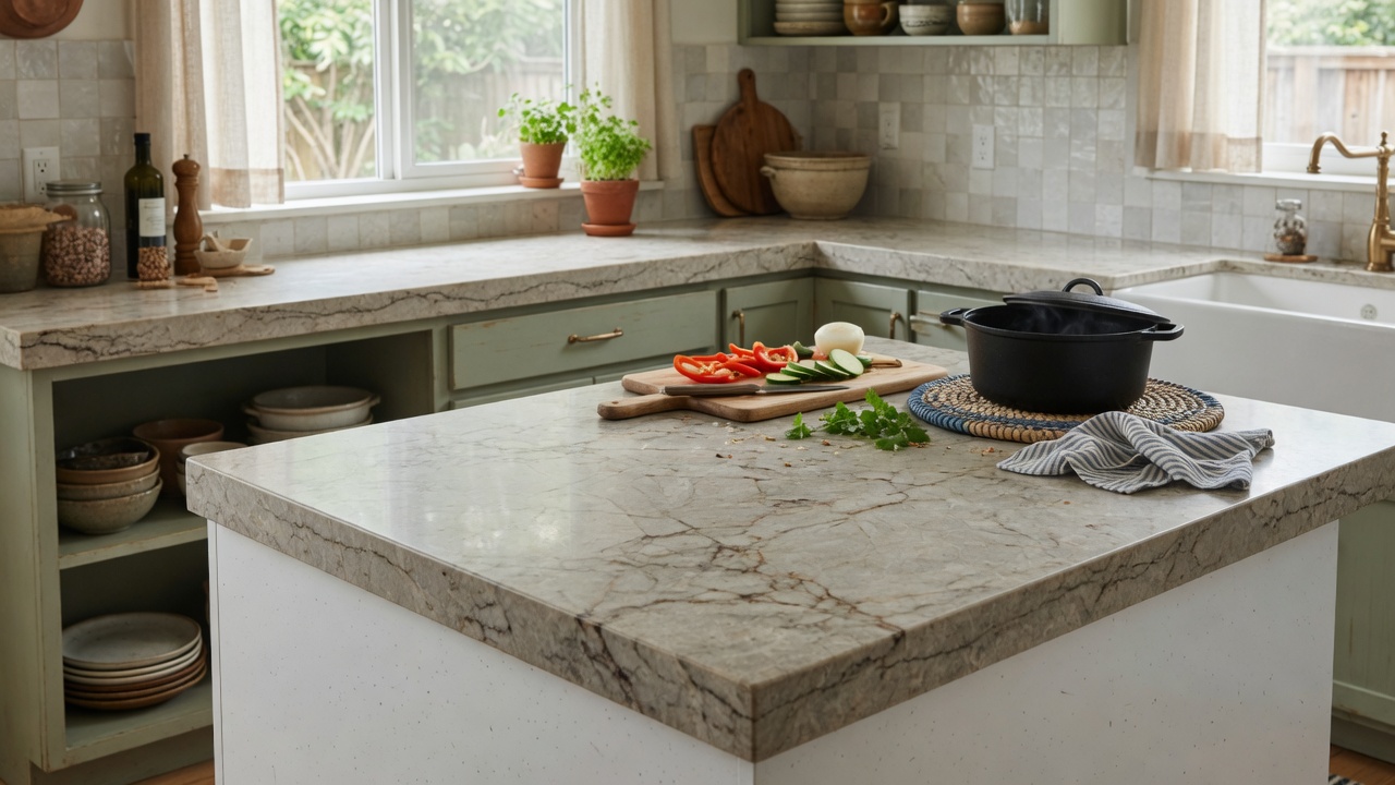 Illustration of a kitchen with natural stone countertops