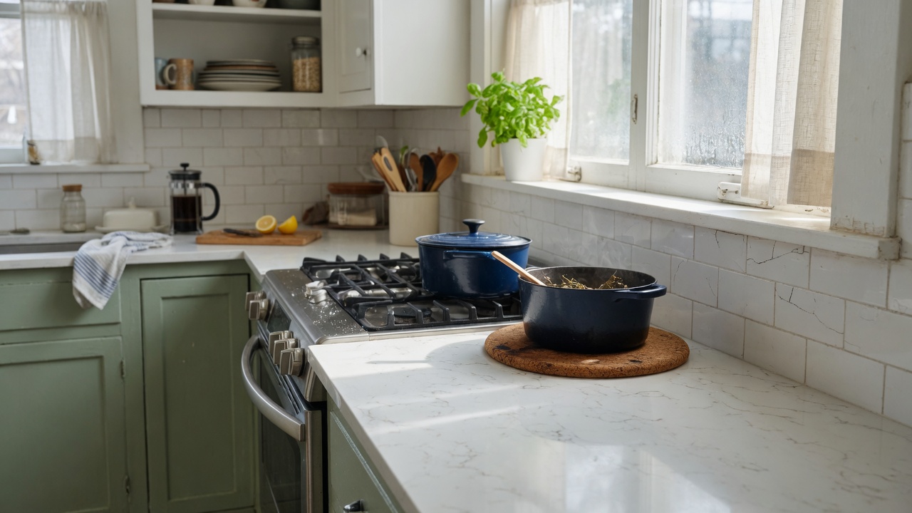 Illustration of a kitchen with natural stone countertops
