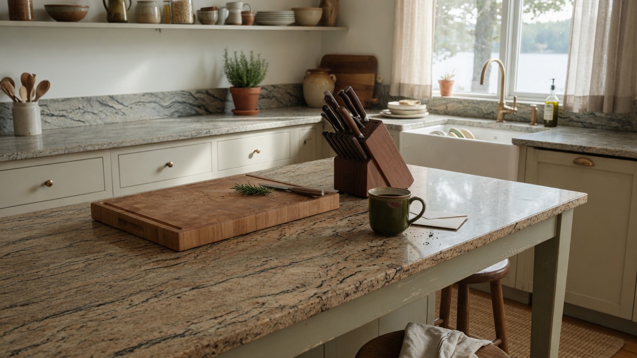 Illustration of a kitchen with natural stone countertops