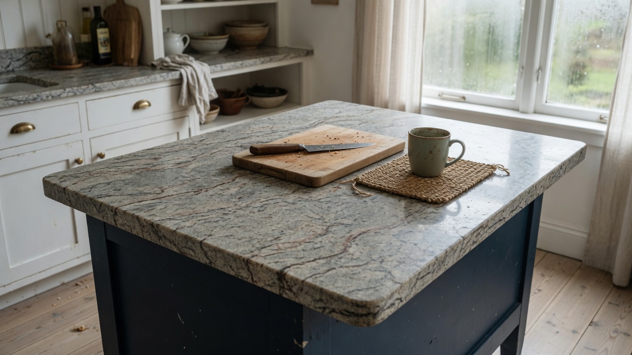 Illustration of a kitchen with natural stone countertops