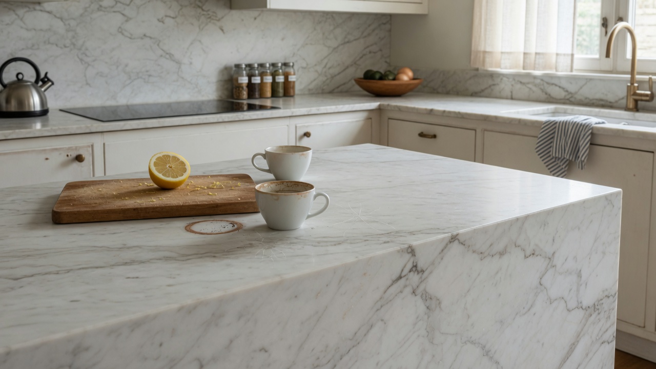 Illustration of a kitchen with natural stone countertops