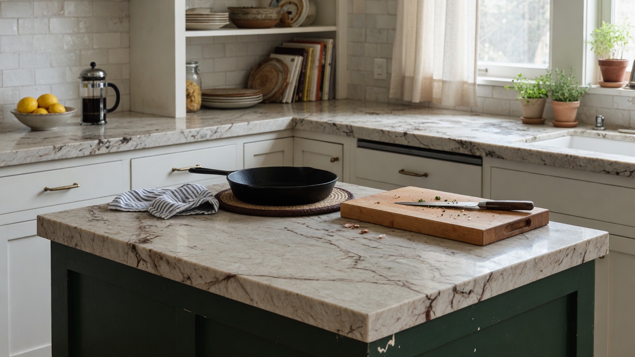 Illustration of a kitchen with natural stone countertops
