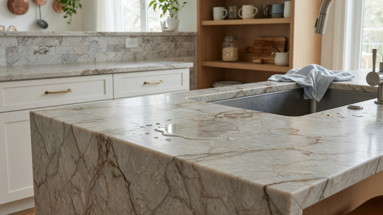 Illustration of a kitchen with natural stone countertops