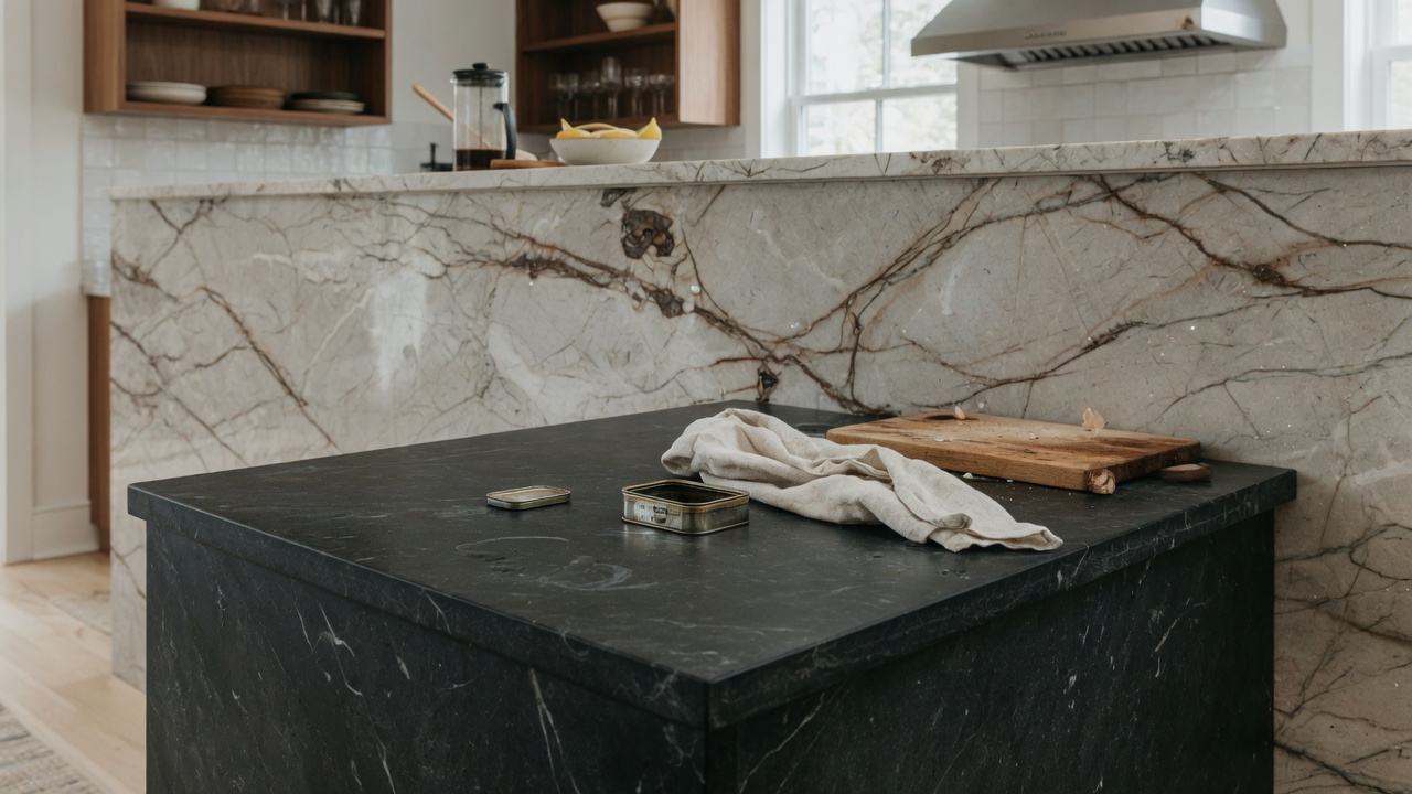 Illustration of a kitchen with natural stone countertops