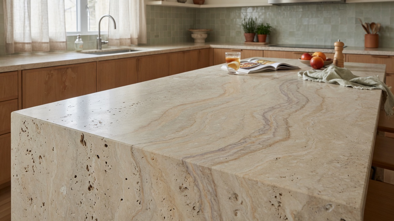 Illustration of a kitchen with natural stone countertops