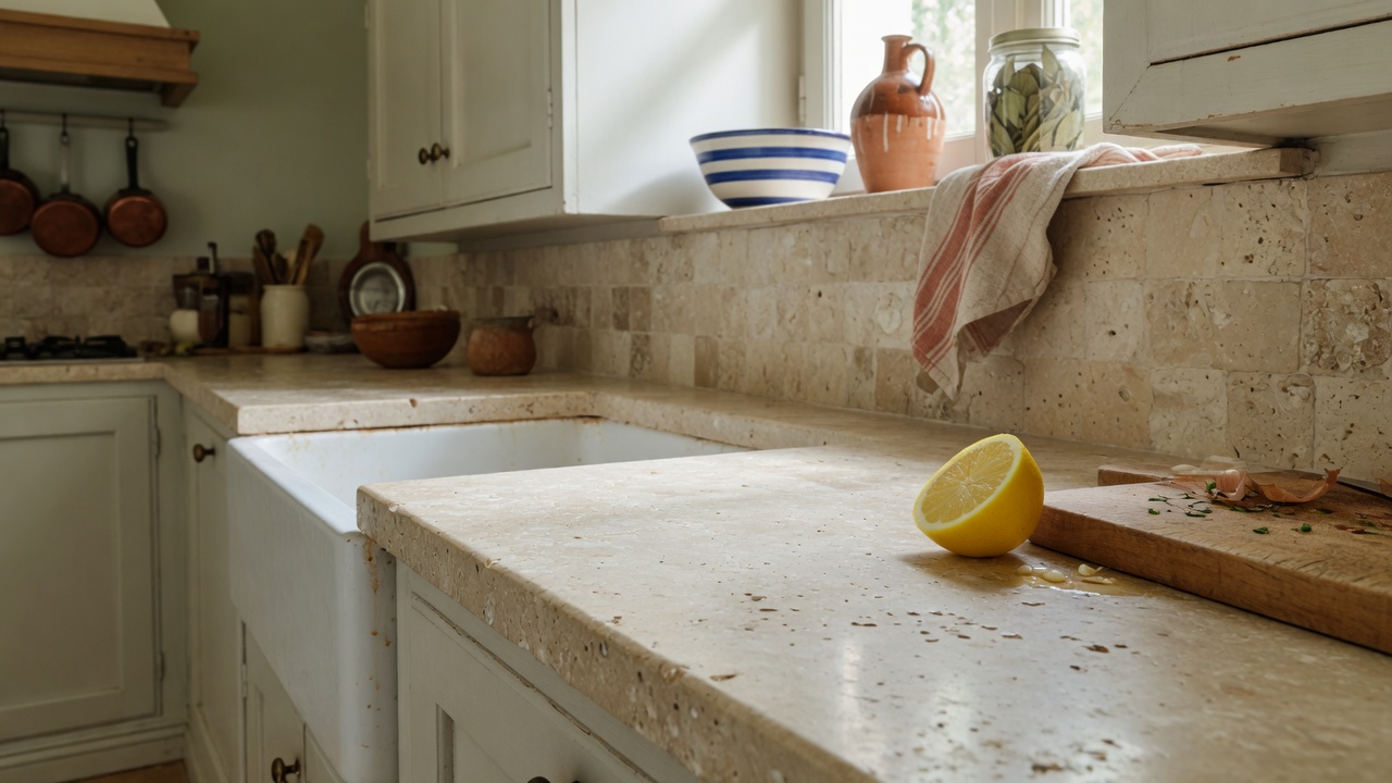 Illustration of a kitchen with natural stone countertops