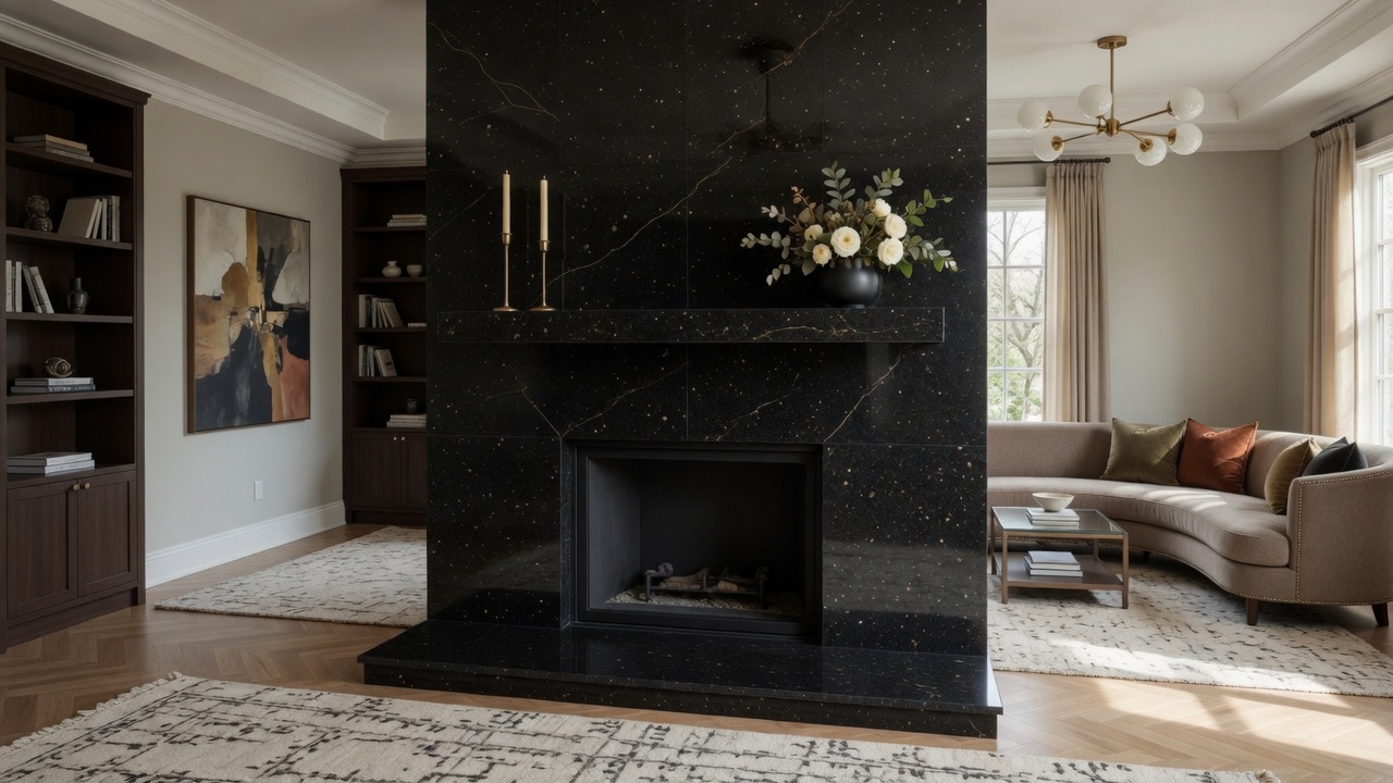 Black Galaxy granite fireplace, illustrative example