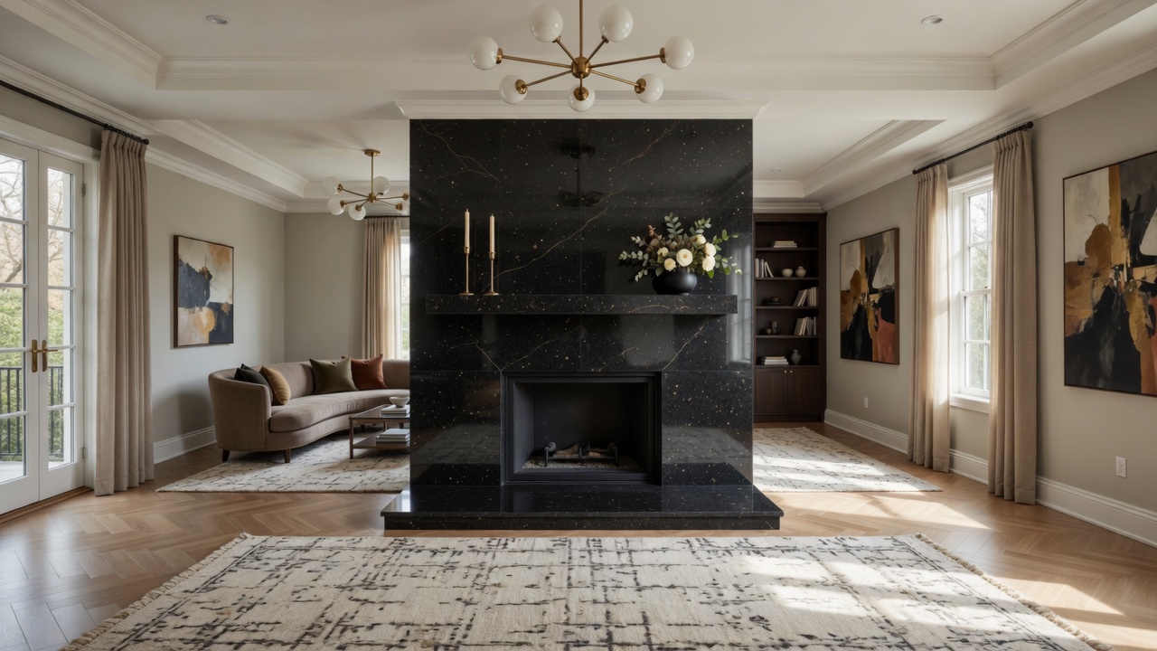 Black Galaxy granite fireplace, illustrative example