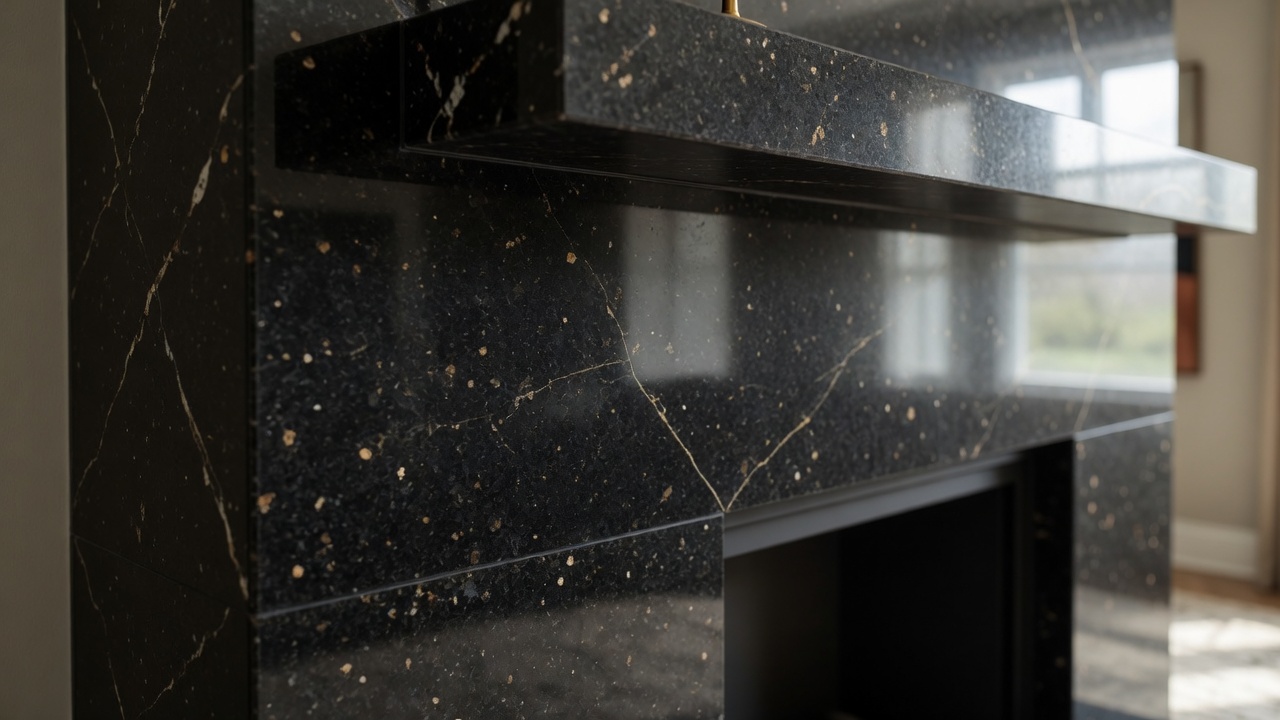 Black Galaxy granite fireplace, illustrative example