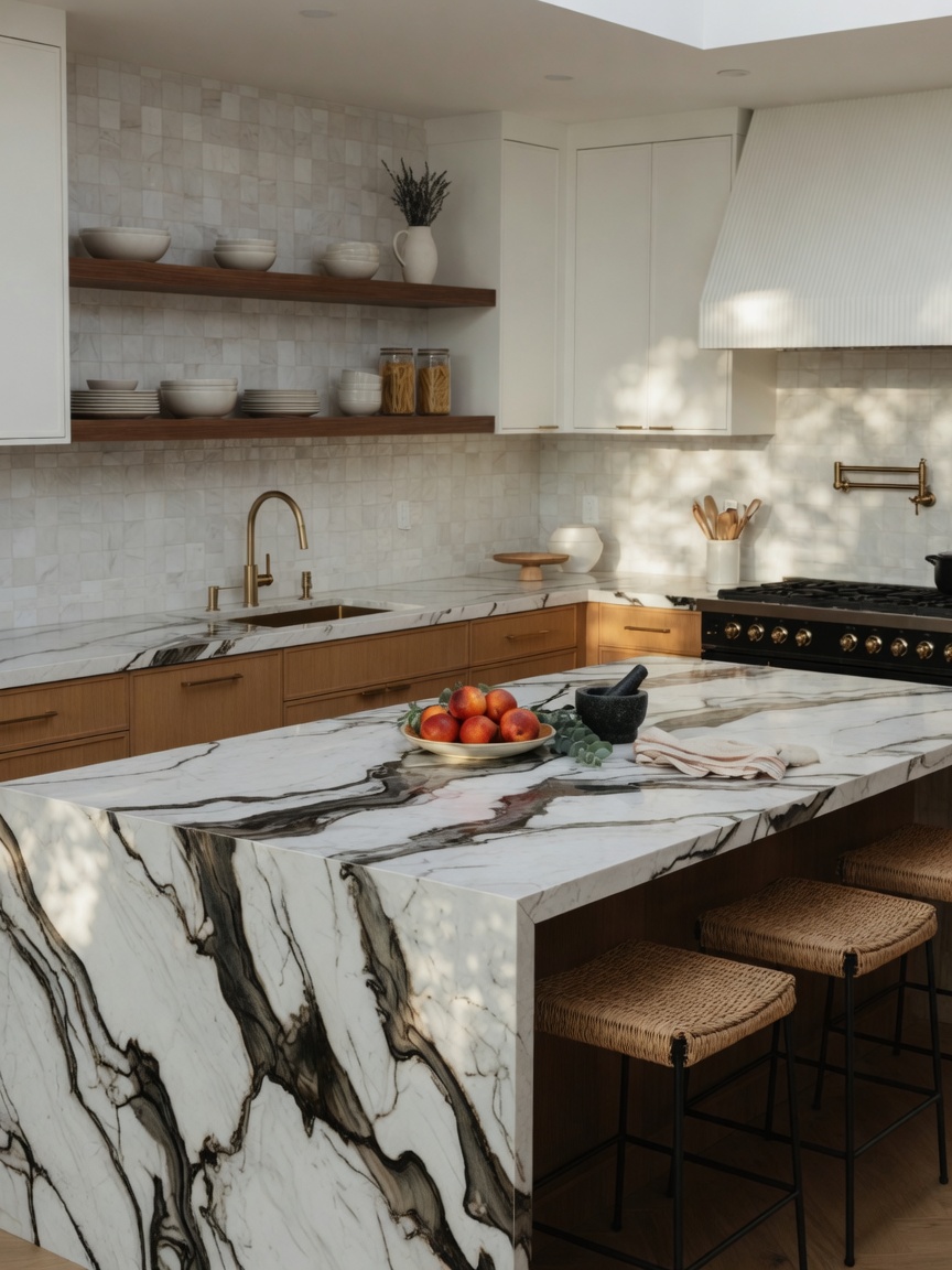 Bold-vein quartzite kitchen countertops, illustrative example