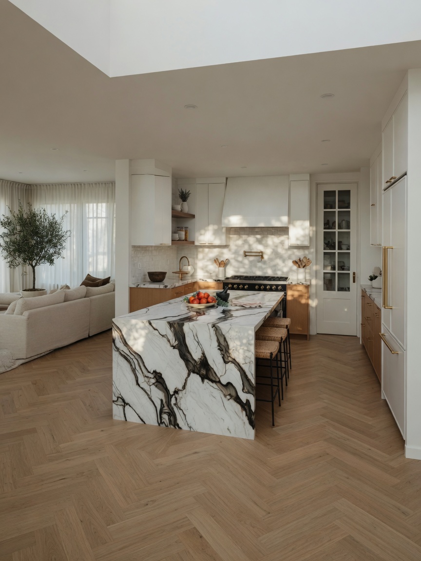Bold-vein quartzite kitchen countertops, illustrative example