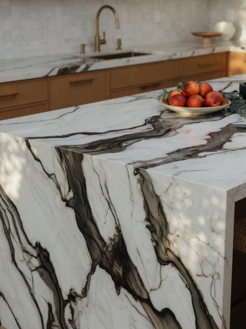 Bold-vein quartzite kitchen countertops, illustrative example
