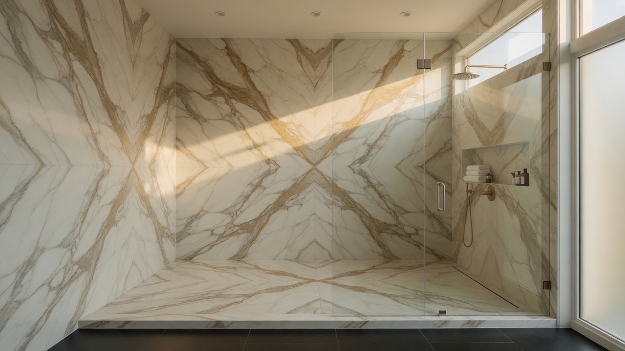 Calacatta Gold marble shower walls, illustrative example