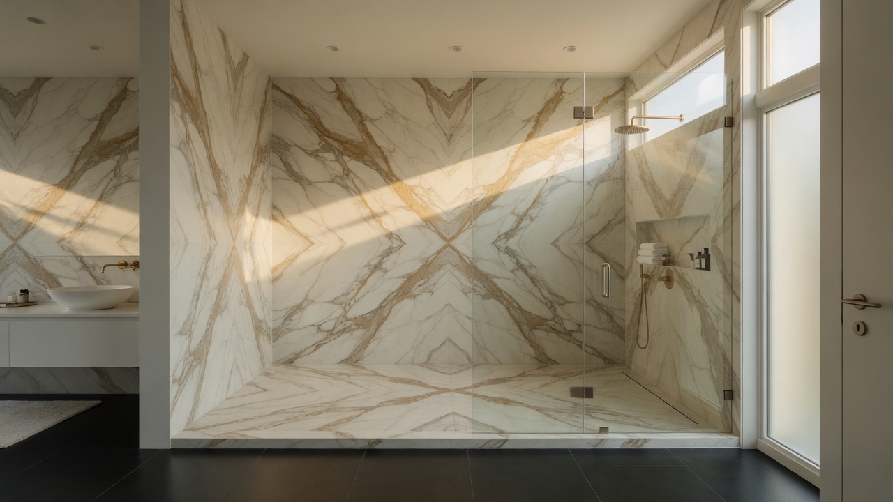Calacatta Gold marble shower walls, illustrative example