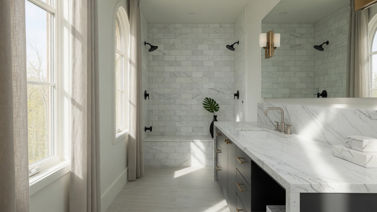 Calacatta Macaubas quartzite bathroom, illustrative example