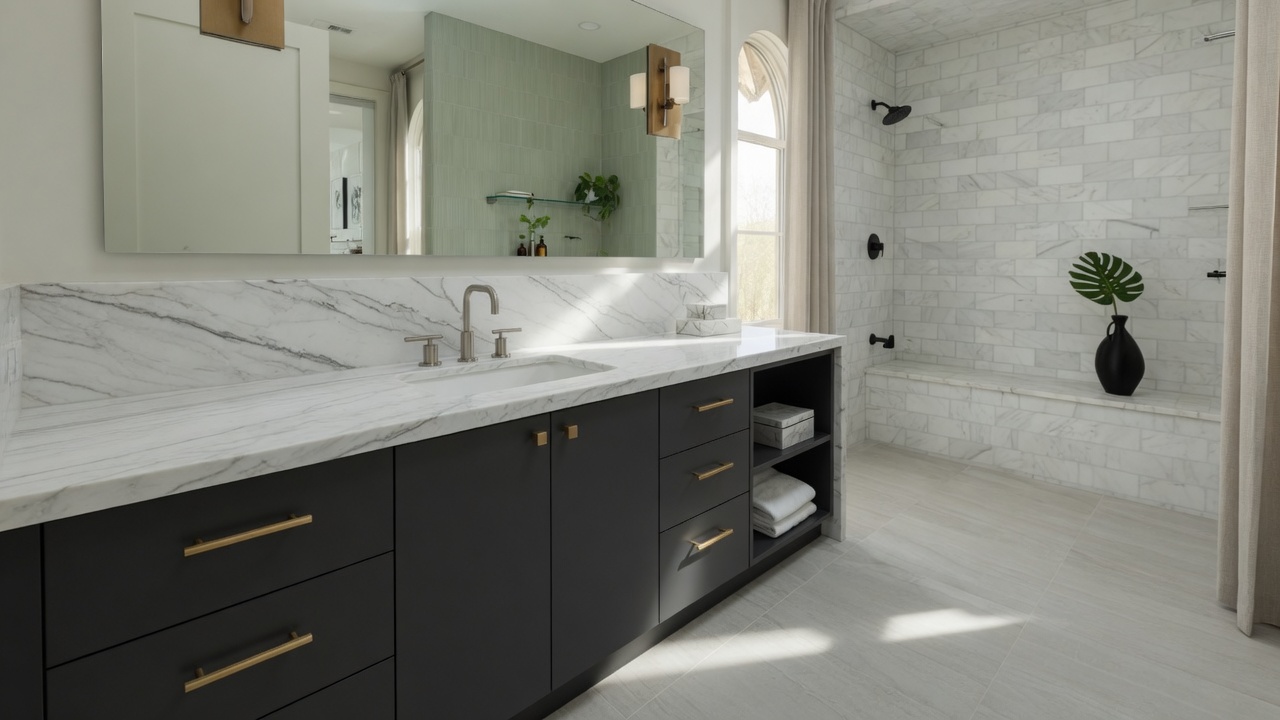 Calacatta Macaubas quartzite bathroom, illustrative example