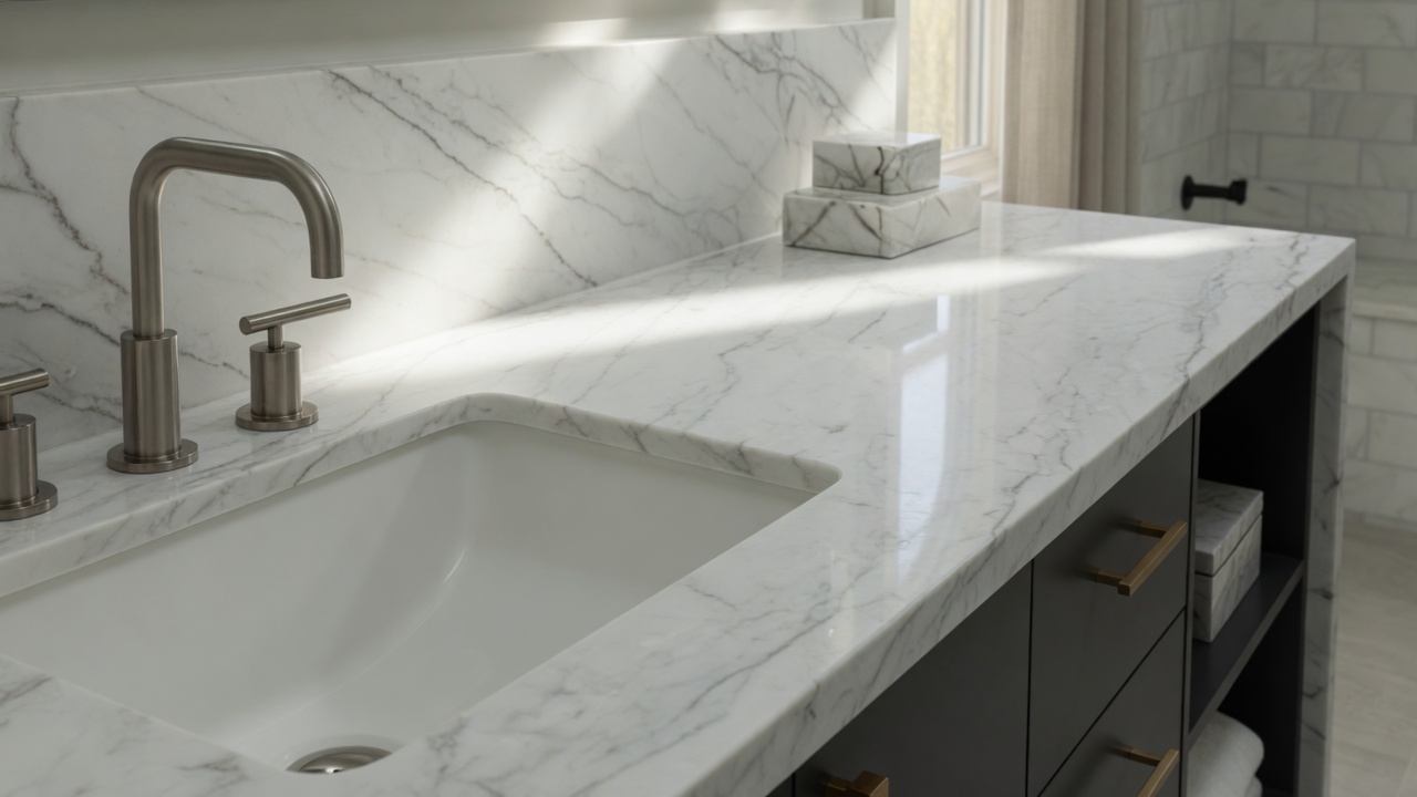 Calacatta Macaubas quartzite bathroom, illustrative example