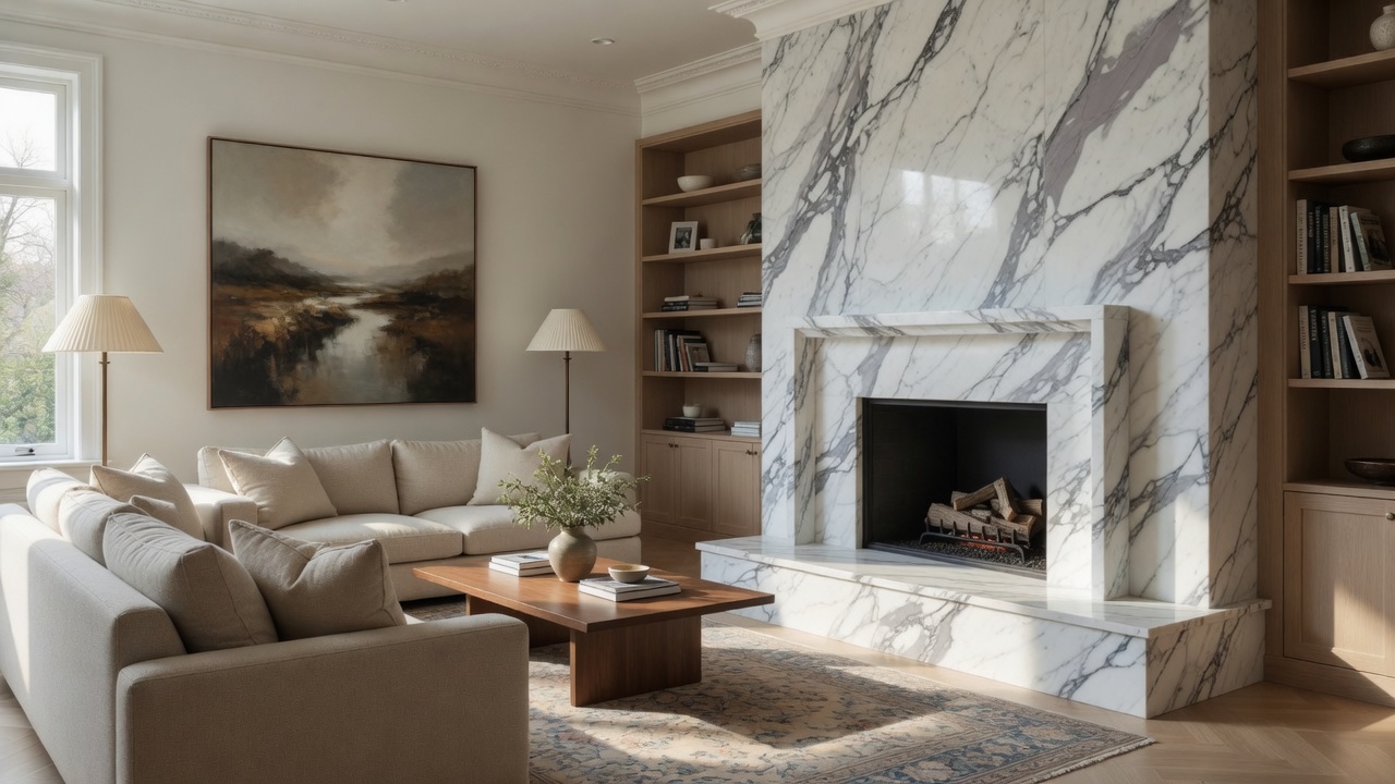 Calacatta marble fireplace, illustrative example