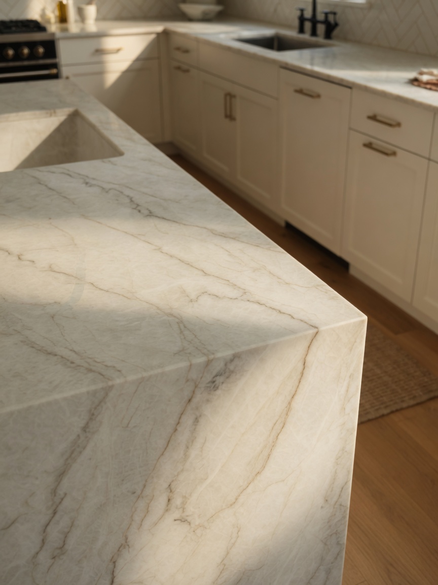 Taj Mahal quartzite kitchen countertops, illustrative example