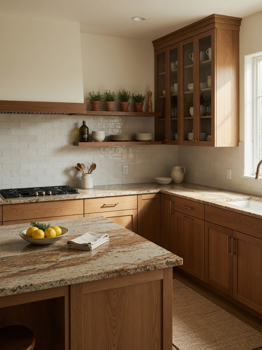 Warm granite and wood kitchens example