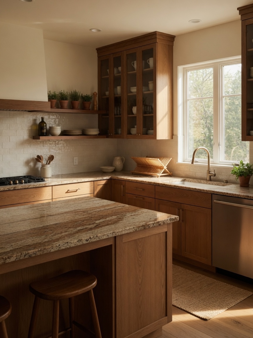 Warm granite kitchen countertops, illustrative example