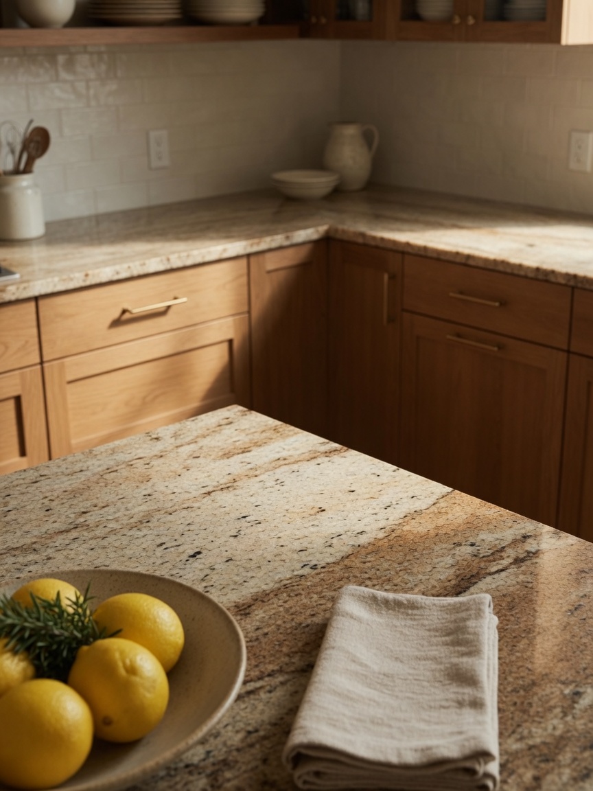 Warm granite kitchen countertops, illustrative example