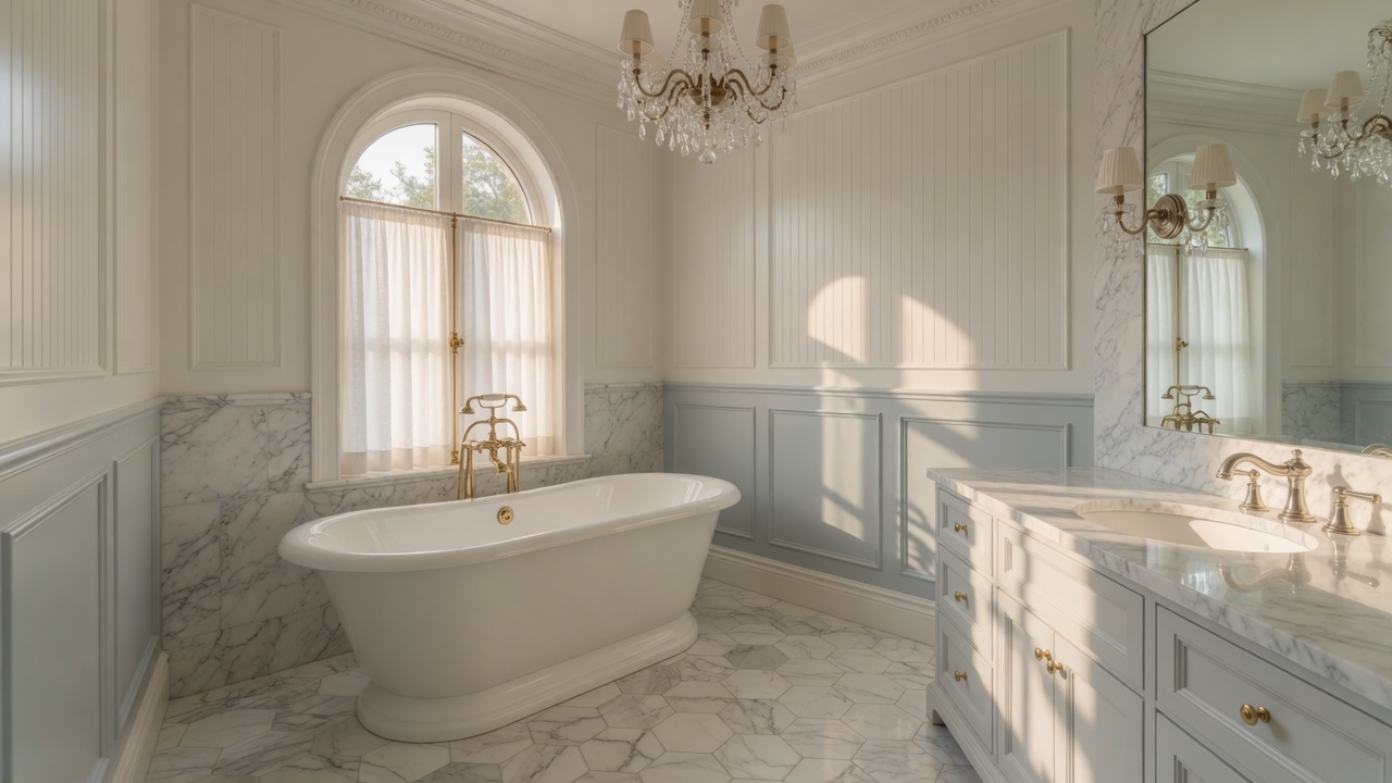 White Carrara marble bathroom, illustrative example
