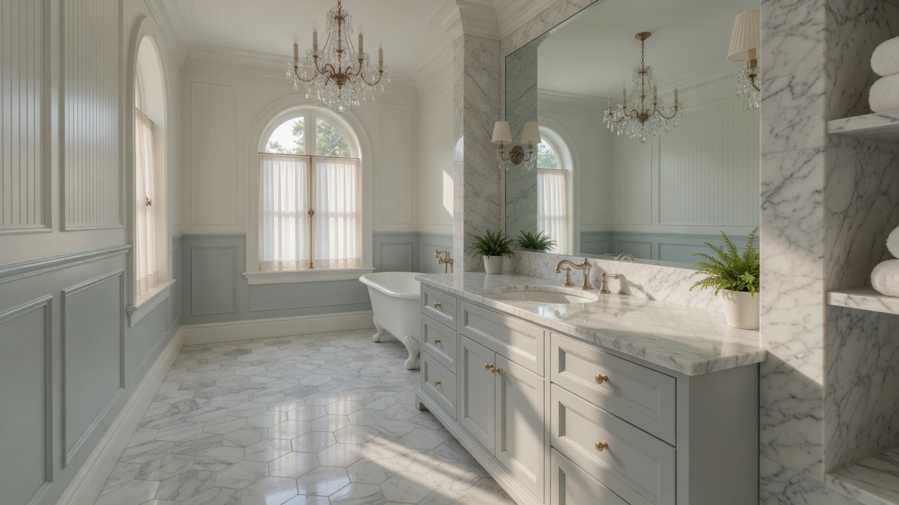 White Carrara marble bathroom, illustrative example