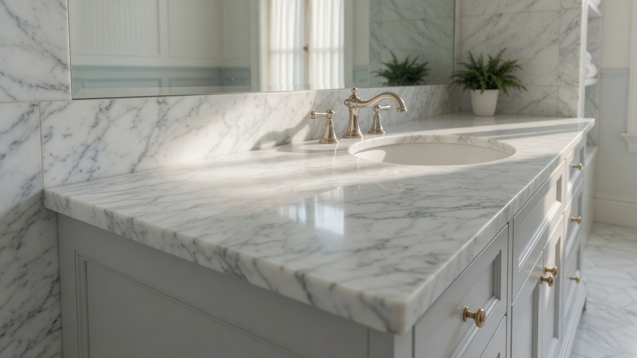White Carrara marble bathroom, illustrative example