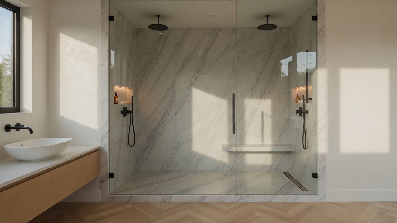 White Macaubas quartzite shower walls, illustrative example