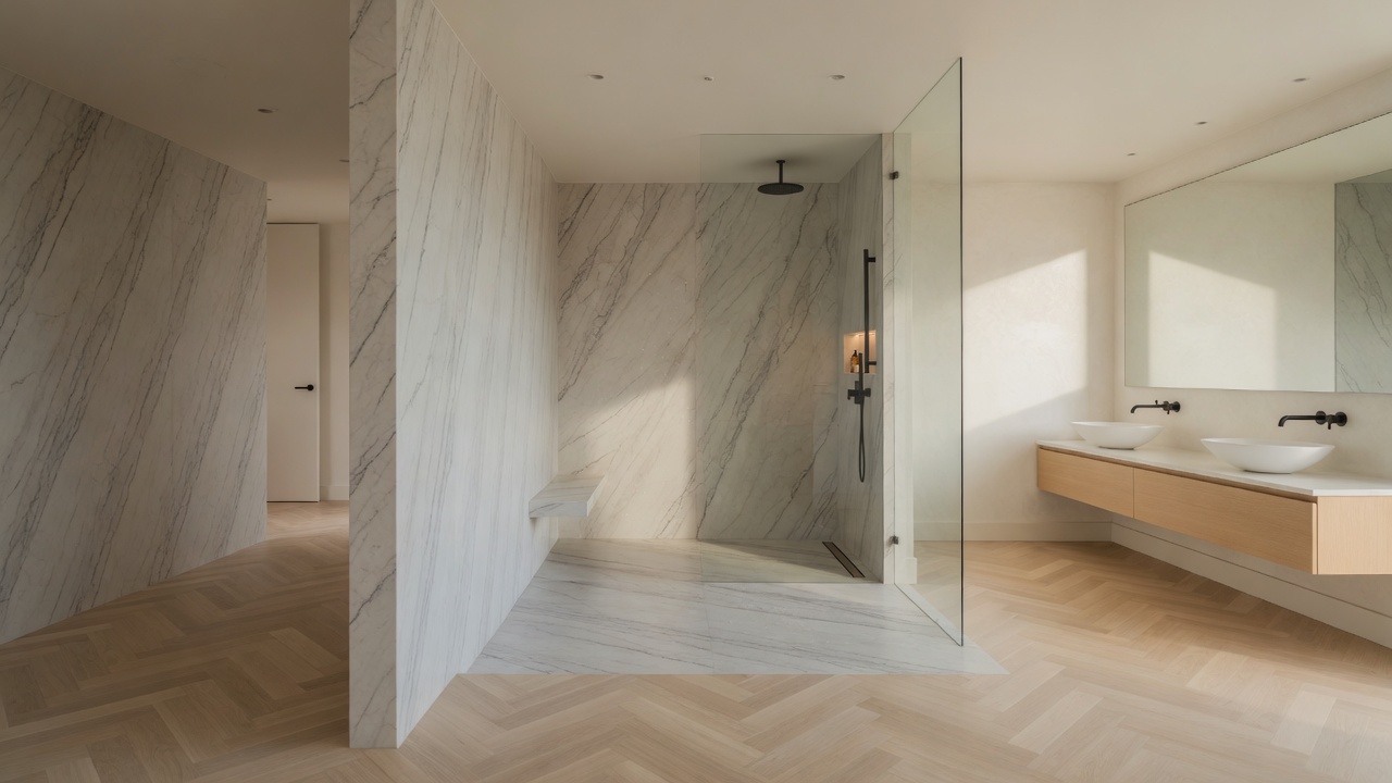 White Macaubas quartzite shower walls, illustrative example