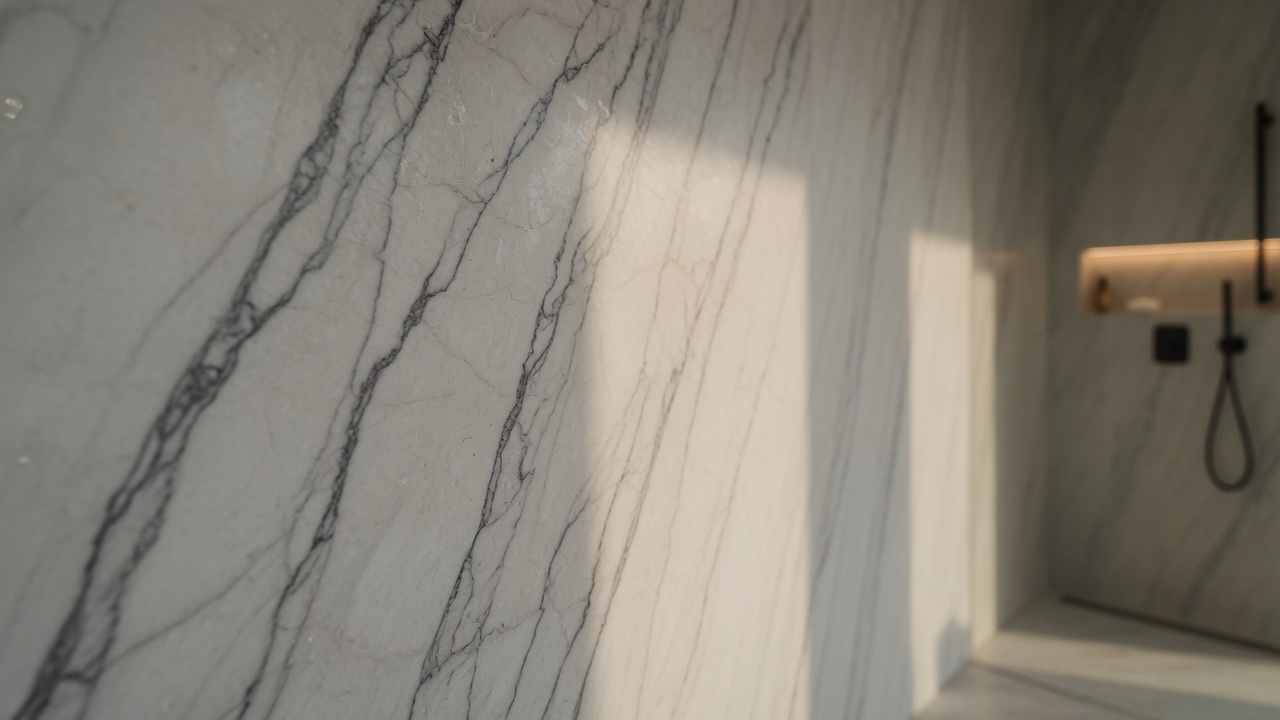 White Macaubas quartzite shower walls, illustrative example