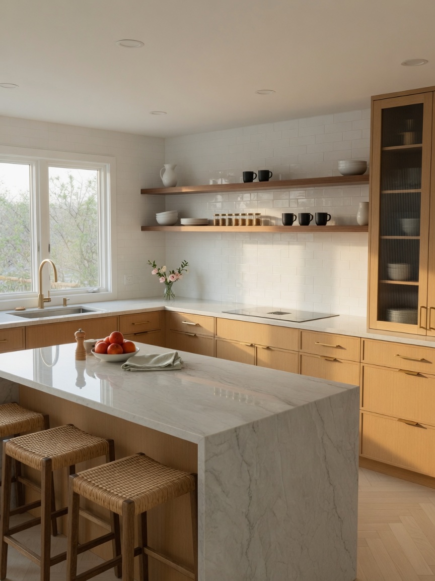 White quartzite kitchen countertops, illustrative example