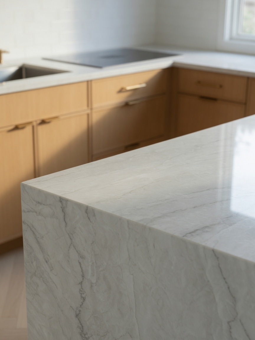 White quartzite kitchen countertops, illustrative example