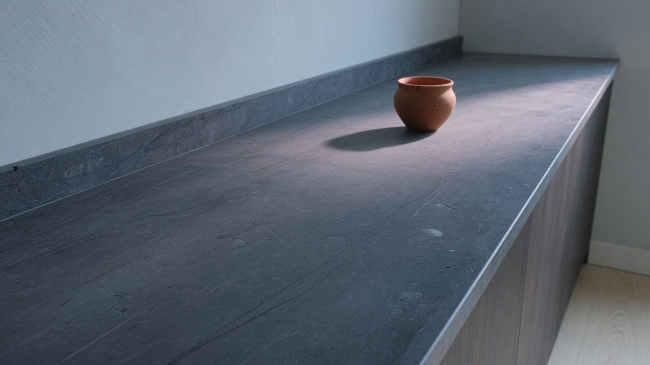 Illustration of a clean installed stone countertop in a home