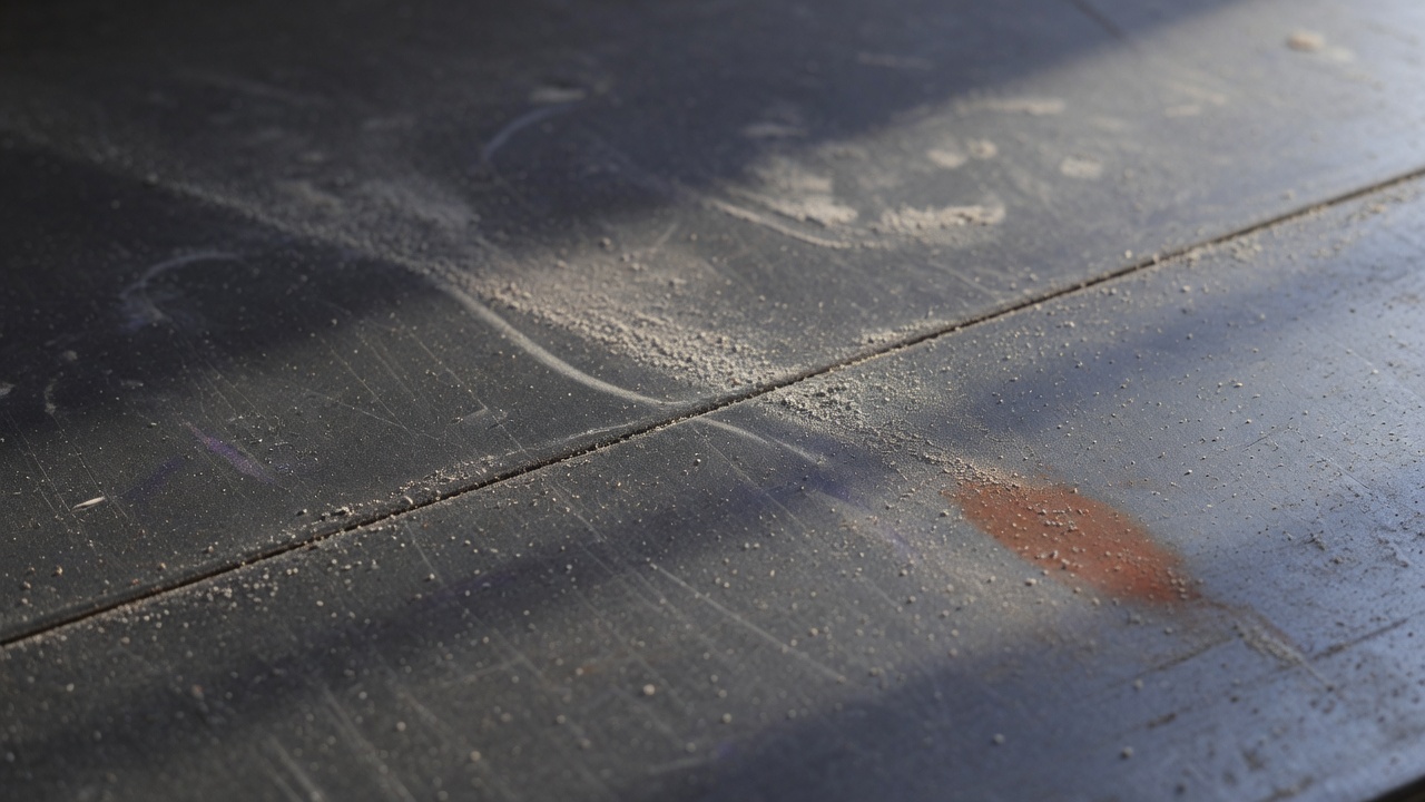 Illustration of fine stone dust settled on a dark workbench