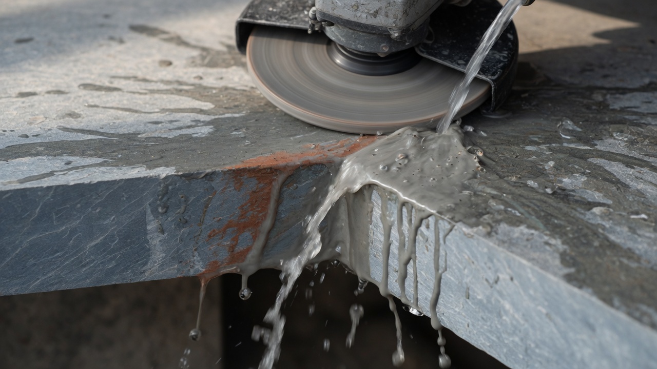 Illustration of wet edge-grinding a stone slab under running water