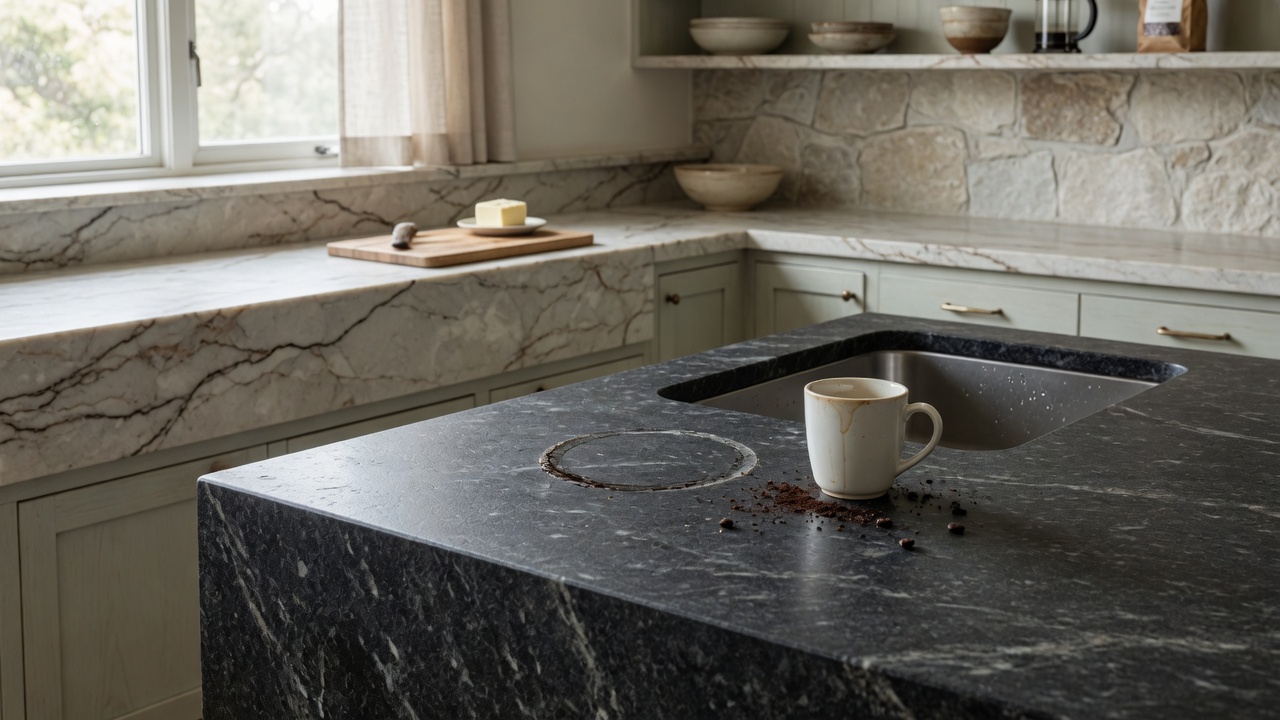 Illustration of a kitchen with natural stone countertops